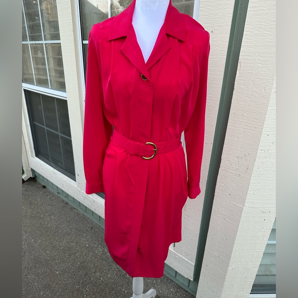 Liz Claiborne Red Faux Silk Belted  Shirt Dress